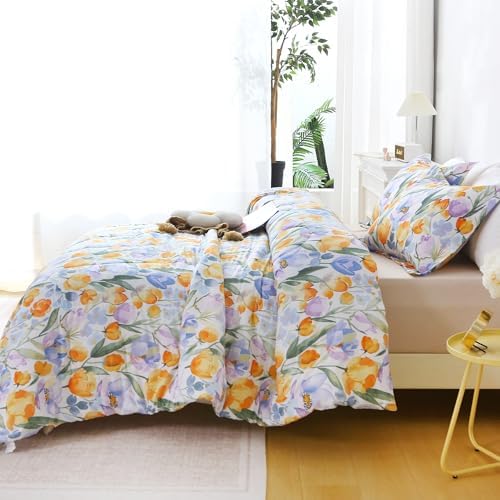 Mooreeke Floral Full Size Comforter Sets, Vintage Purple Orange Floral Patterned Bedding for All Seasons, 3-Piece Vintage Bed in a Bag with Fluffy Quilted Reversible Comforter & 2 Pillow Shams