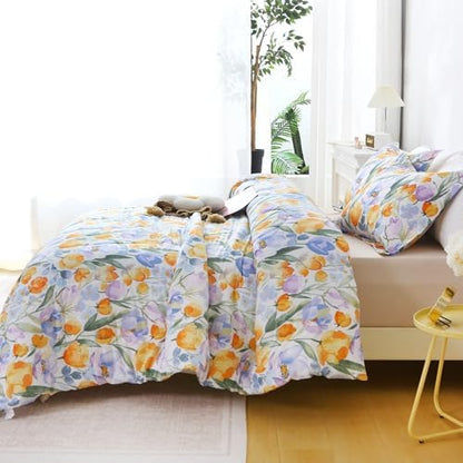 Mooreeke Floral Full Size Comforter Sets, Vintage Purple Orange Floral Patterned Bedding for All Seasons, 3-Piece Vintage Bed in a Bag with Fluffy Quilted Reversible Comforter & 2 Pillow Shams