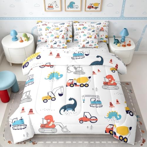 Erosebridal Construction Vehicles Queen Comforter Set 7 Piece for Kids Boys Girls Dinosaur Tractor Bed in A Bag with Sheets Equipment Trucks Bedding Set Excavator Bed Set Colorful Room Decor