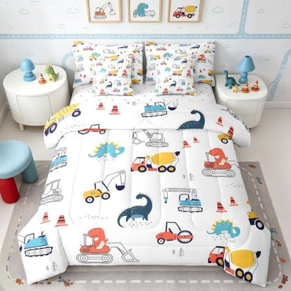 Erosebridal Construction Vehicles Queen Comforter Set 7 Piece for Kids Boys Girls Dinosaur Tractor Bed in A Bag with Sheets Equipment Trucks Bedding Set Excavator Bed Set Colorful Room Decor