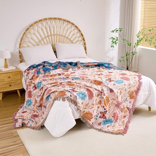 VANJOROY Boho Throw Blanket, 100% Organic Cotton Breathable Ultra Soft 50" x 60" Bed Quilt Throw - All Season Floral Rustic Farmhouse Decor Luxury Reversible Blanket for Sofa Couch Chair and Gift