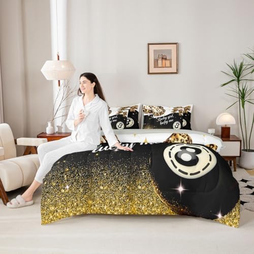 Erosebridal Leopard Print Lucky 8 Ball 7 Piece Bedding Set Queen Size,Preppy Cheetah Bow Comforter Set for Kids Adults,Fashion Trendy Y2K Bed in A Bag Black Golden Luxurious Sequins Bed Set