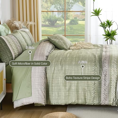 Dintszyayue Sage Green King Comforter Size Set, 8 Pieces Striped Boho Texture Bed in a Bag Sets, Lightweight Soft Bohemian Comforter and Sheet Set, All Season Microfiber Bedding Sets for Men Women