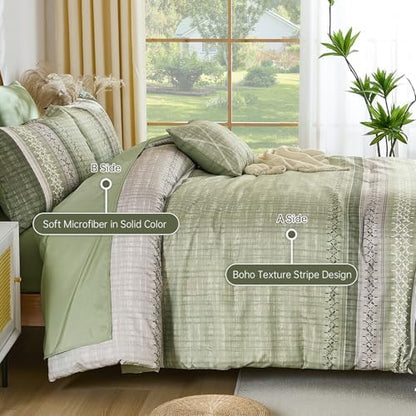 Dintszyayue Sage Green King Comforter Size Set, 8 Pieces Striped Boho Texture Bed in a Bag Sets, Lightweight Soft Bohemian Comforter and Sheet Set, All Season Microfiber Bedding Sets for Men Women