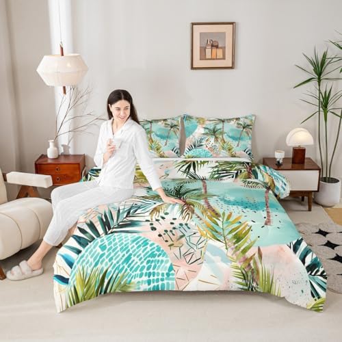 Manfei Tropical Beach Comforter Set King Size, Green Palm Trees Bedding Set 3pcs for Kids Boys Girls Room Decor, Summer Ocean Beach Theme Down Comforter with 2 Pillowcases, No Sheets