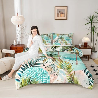 Manfei Tropical Beach Comforter Set King Size, Green Palm Trees Bedding Set 3pcs for Kids Boys Girls Room Decor, Summer Ocean Beach Theme Down Comforter with 2 Pillowcases, No Sheets