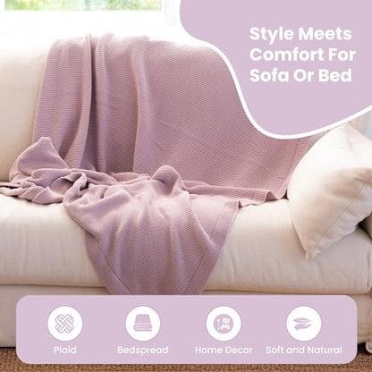 Dalisa 100% Organic Turkish Cotton Throw Blanket - GOTS Certified, Cozy - Perfect for Couch, Bed, and Home Decor - Boho Vintage Knit Alina (Lavender Frost, 60x80)