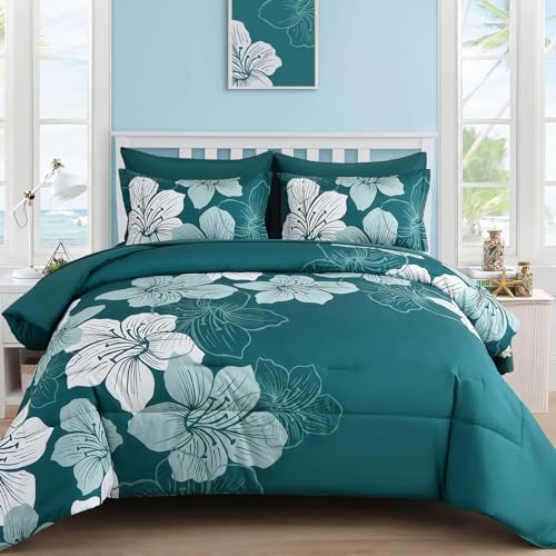 Luxudecor Teal King Size Comforter Set, 7 Pieces Floral Bed in a Bag