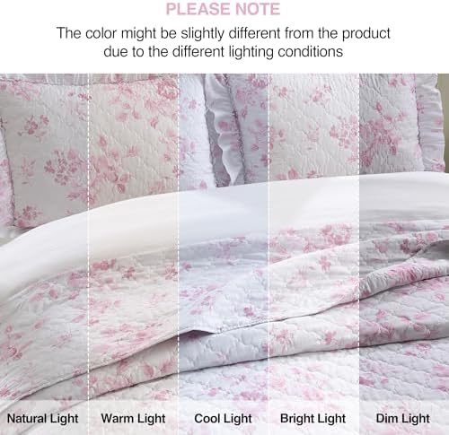 HORIMOTE HOME Pink Ruffled Quilt King Size with 2 Pillow Shams, Shabby Chic Floral Printed Reversible Bedspread Coverlet, Soft Lightweight Comforter Bed Cover for All Season, 3 Pieces, 106x96 inches