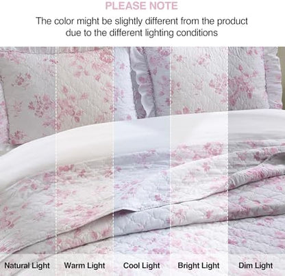 HORIMOTE HOME Pink Ruffled Quilt Queen Size with 2 Pillow Shams, Shabby Chic Floral Printed Reversible Bedspread Coverlet, Soft Lightweight Comforter Bed Cover for All Season, 3 Pieces, 90x96 inches