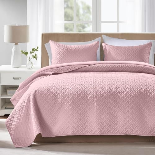 FLYMME Oversized King/California King Quilt Set 118"x106", Pure Pink 3-Piece Floor-Length Bedspread, Premium Microfiber Lightweight Coverlet for King/California King Bed (1 Quilt, 2 Shams)