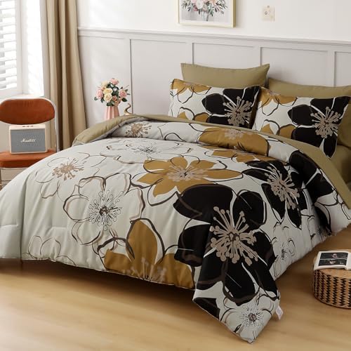 Anibedding 7 Pieces Floral Comforter Set King Size, Brown Black Flower Bedding Set Botanical Bed in a Bag Soft Microfiber Comforter Set with Sheets for All Season