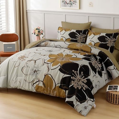 Anibedding 7 Pieces Floral Comforter Set King Size, Brown Black Flower Bedding Set Botanical Bed in a Bag Soft Microfiber Comforter Set with Sheets for All Season