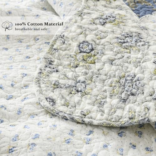Yvooxny Quilt Set Queen Size Reversible Country Farmhouse Floral Real Patchwork Quilted Bedspread 3-Piece Quilt Set with Pillowcases with Ruffles for All Seasons, 90 x 98 Inches
