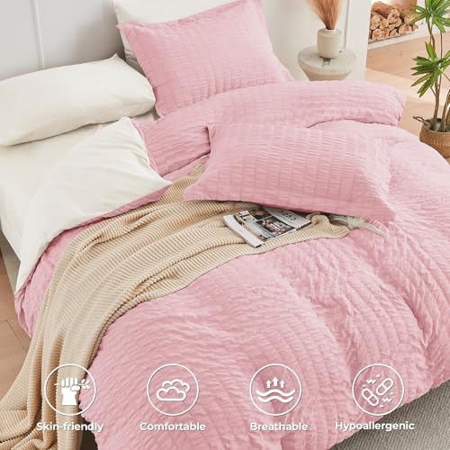 HYMOKEGE Pink/Ivory King Size Comforter Set Seersucker 7 Pieces, All Season Luxury Bed in a Bag for Bedroom, Bedding Set with Comforter, Sheets, Pillowcases & Shams