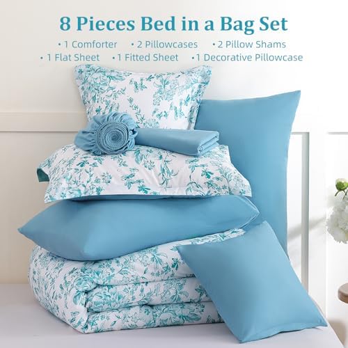 King Size Comforter Set 8 Pieces Aqua Floral Bed in a Bag Comforter Sets