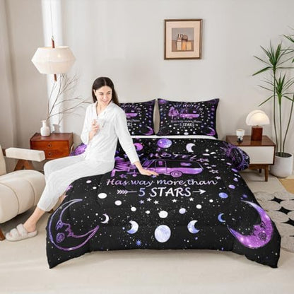 Camping Adventure Comforter Set Full Size,Camper RV Trailer Decor Bedding Set 3pcs for Kids Boys Girls Adults,Sun Moon Starry Sky Rustic Down Comforter,Purple Romantic Duvet Insert,2 Pillowcases