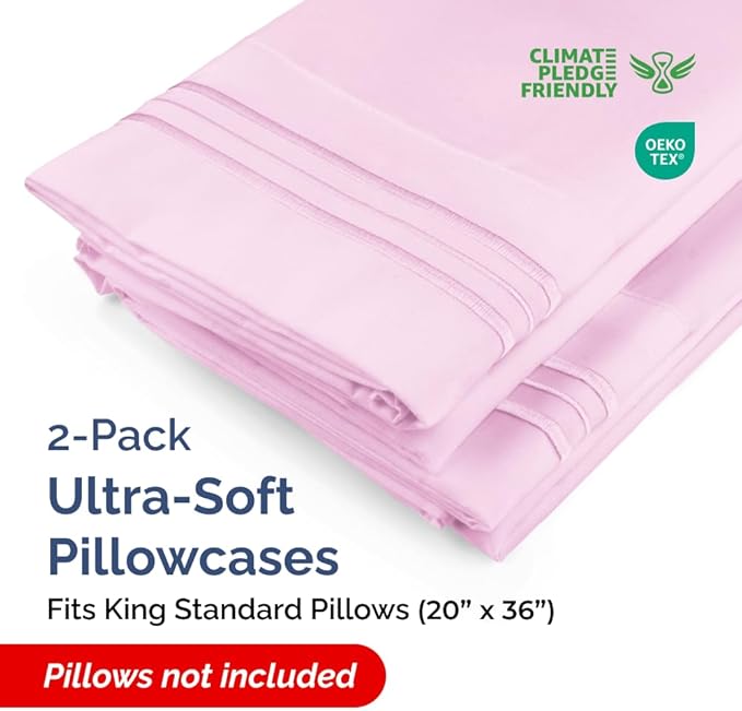King Standard Pillow Cases Set of 2 - Ultra-Soft Hotel Quality Pillowcase Covers - Comfy, Cozy & Fade Free - Wrinkle Resistant - Machine Washable Pillow Protectors - 2 Piece Set - Light Pink