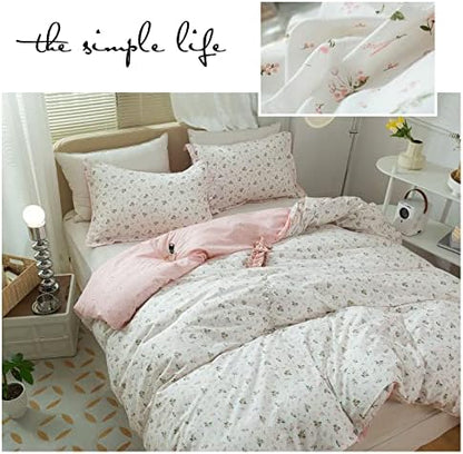 VM VOUGEMARKET Girls Cotton Duvet Cover Twin XL Pink White Flower Bedding Set Teen Girls Vintage Floral Comforter Cover with Zipper Ties(3pcs,Twin XL) No Filling