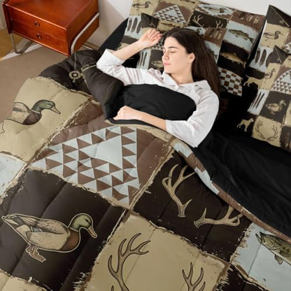 Feelyou Rustic Cabin Country King Comforter Set with Sheets for Kids Boys Girls Deer Hunting 7 Pieces Bedding Set Checkered Vintage Bed in a Bag Room Decor Soft Lightweight Microfiber