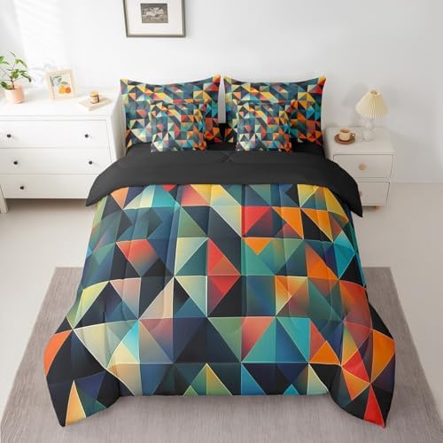 Erosebridal Colorful Triangle Bed in A Bag with Sheets Twin Geometric Grid Plaid 7 Piece Comforter Set Modern Aesthetic Bedding Set for Kids Boys Girls,Abstract Bedding Comforter Sets