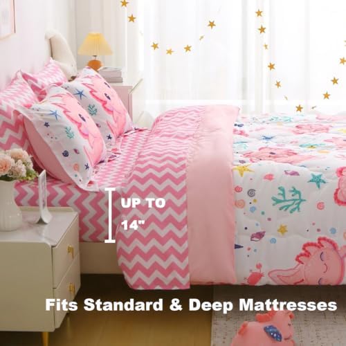 Girls Pink 7 Piece Axolotl Comforter Set for Kids Twin Size Kawaii Axolotl Bedding for Teen 3D Animals Colorful Bed Set (Comforter,Flat Sheet,Fitted Sheet and Pillow Sham)