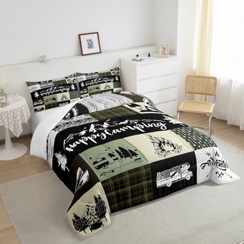 Castle Fairy Camper Adventure Comforter Set King Size,Happy Camping Plaid Travel Trailers Decor Bedding Set All Season Quilt Set,Retro Tribal Aztec Exotic Microfiber Polyester Down Comforter