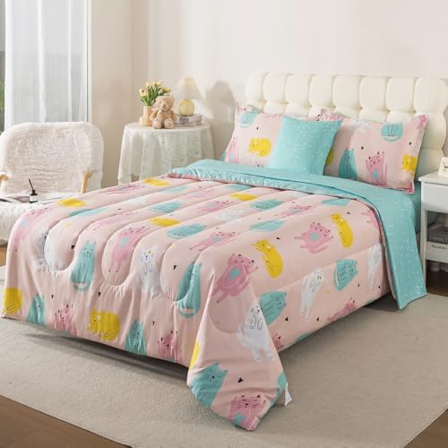 ADASMILE A & S 6Pcs Cat Comforter Twin for Girls Pink Cute Cats Bedding Set