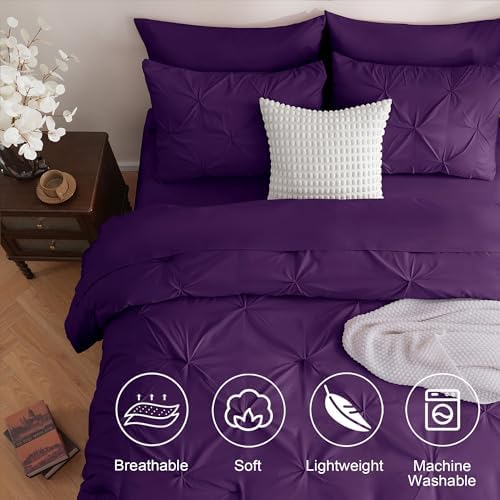 DOWNCOOL Queen Comforter Set, 7 Pieces Purple Pintuck Bed in a Bag