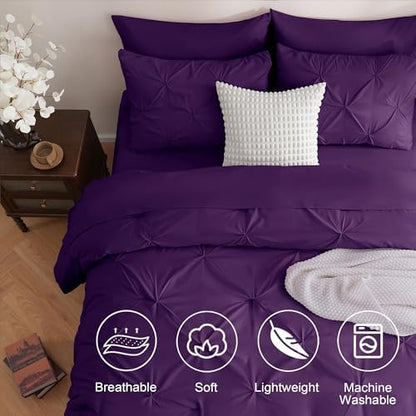 DOWNCOOL Queen Comforter Set, 7 Pieces Purple Pintuck Bed in a Bag