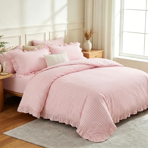 Nayoroom Pink Ruffle Gingham Comforter Set Queen Plaid Checkered Bedding