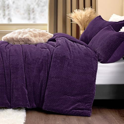 ChiXpace Fleece King Size Comforter Set Purple, Fluffy Bed Set 3 Pieces