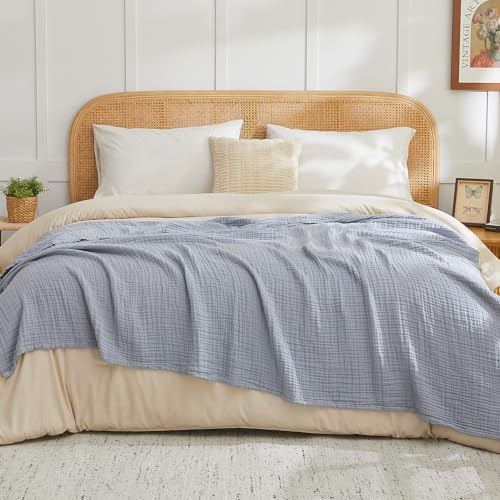 EMME Muslin Blankets for Adults Throw Blanket for Couch Breathable Gauze Soft Lightweight Airy Dusty Blue Super King 120" x 94"
