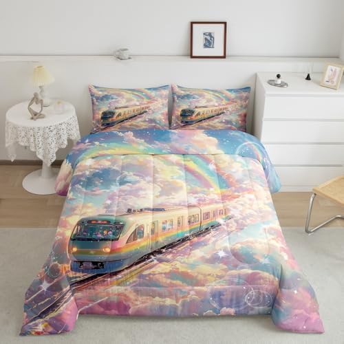 Homewish Rainbow Train Comforter Set Full Size,Colorful Cloud Sky Bedding Set 3Pcs for Kids Girls Boys Teens Room Decor,Rail Transit Vehicle Quilt Set Dreamy Fairy Tale Duvet Insert,2 Pillowcases