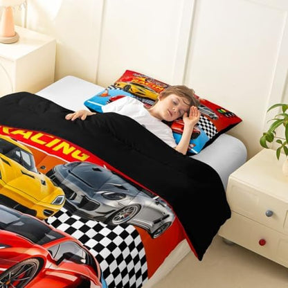Feelyou Boys Race Car Bedding Set Soft for Boys Girls, Speed Sports Car Comforter Set Toddler Size Racing Duvet Quilt Microfiber Extreme Sports Bedroom Decor Automobile 2 Pcs with 1 Pillow Cases