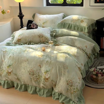 VM VOUGEMARKET Romantic Ruffle Floral Duvet Cover Set Twin Sage Green