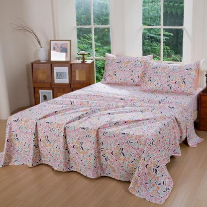 FADFAY Cal King Pink Paisley 100% Egyptian Cotton Sheets Set 4 Piece, Vintage Botanical Cottagecore Bedding, Luxury Breathable Boho Floral Farmhouse Bedding with Deep Pocket Fitted Sheet All Seasons