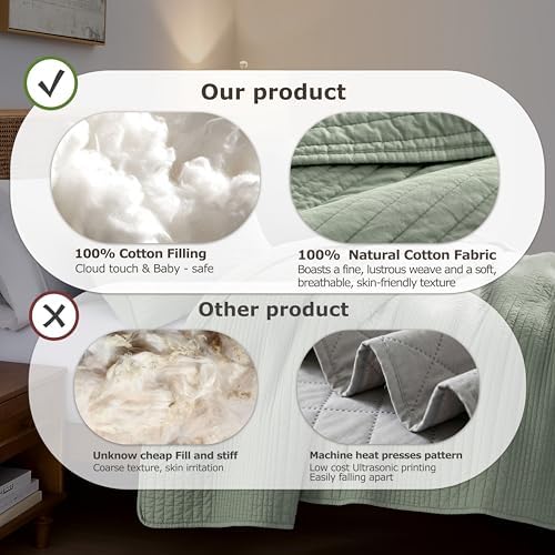 palassio Striped Sage Green 100% Cotton Quilt King Size Bedding Sets, Lightweight Crinkly Channel Pick Stitch Textured Bedspread Soft Shabby Chic Farmhouse Country Coverlet for All Season, 2 Shams