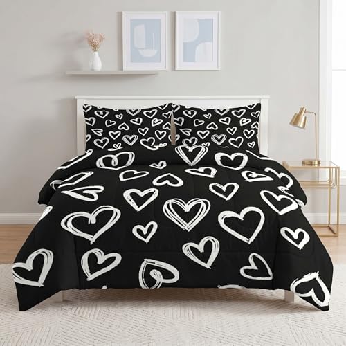 Pamnest Comforter Set King Size, Love Cute Valentine Soft 3 Pcs Bedding for Kids and Adults, Polka Heart White Comforter Set with 2 Pillowcases, for Bedroom Bed Decor