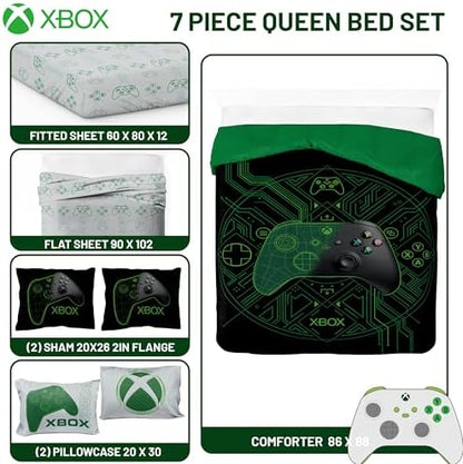 Jay Franco Kids Comforter Set Includes Sheets and Pillow Covers - Soft and Cozy Bed Set for Stylish Room Decor, Official Licensed Product, White - Xbox, 7 Piece Queen