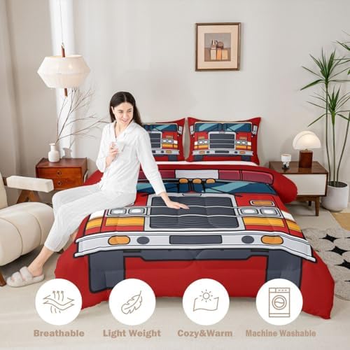 Feelyou Red Fire Truck Comforter Set Full Size Firefighter Bedding Set for Kids Boys Girls Firemen Car Vehicle Duvet Quilt Bedroom Decor Microfiber 3 Pcs with 2 Pillow Cases