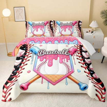 BSNTHO Baseball Comforter Set Twin Size, Ice Cream Kids Comforter 3Pcs