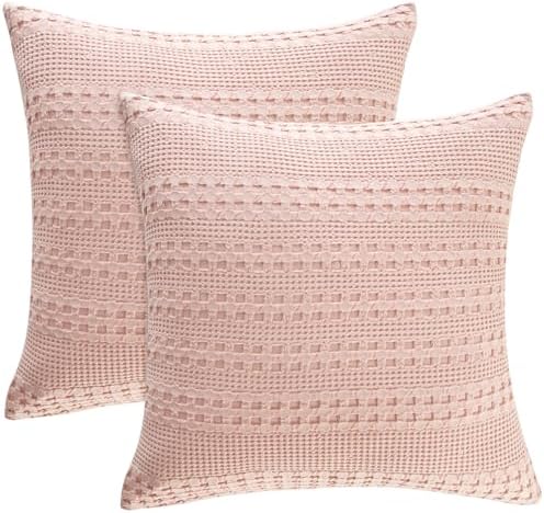 PHF 100% Cotton Waffle Weave Pillow Covers 24" x 24", 2 Pack Luxury Square Shell for Elegant Home Decor, No Filling, Luxury Aesthetic Soft Pillow Covers for Bed, Pink