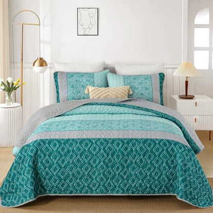 Cottolester Teal Quilt Set,Boho Bedspread Queen Size,Blue Sriped Plaid Bedding Set Soft Microfiber Quilt with 2 Pillow Shams 96"x90"