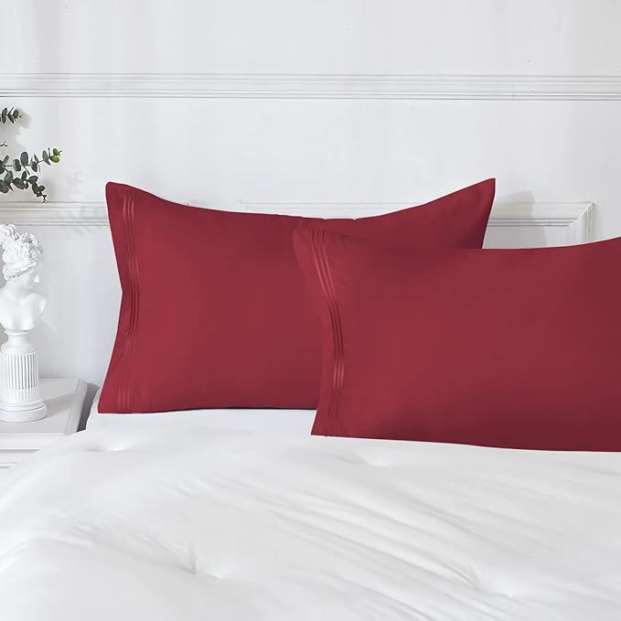 YIYEA Pillow Cases Queen Size Set of 4, Ultra Soft 1800TC Hotel Quality Double Brushed Microfiber Embroidered Pillowcases, Envelope Closure, Fade Resistant (20"x30", Burgundy)
