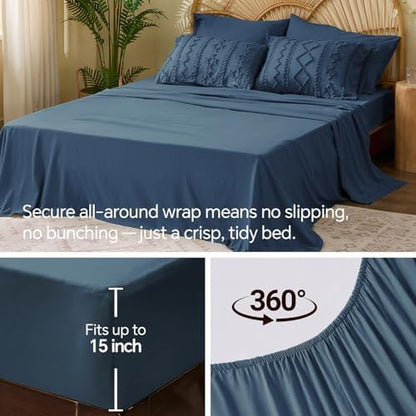 BEDELITE Queen Comforter Set 7 Pieces,Boho Bed in a Bag,Navy Blue
