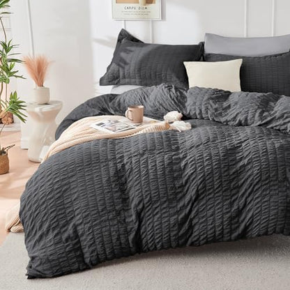 HYMOKEGE Dark Grey/Light Grey Full Size Comforter Sets Seersucker 7 Pieces, All Season Luxury Bed in a Bag for Bedroom, Bedding Set with Comforter, Sheets, Pillowcases & Shams