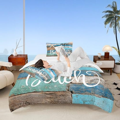 Blue Farmhouse Comforter Set King Size,Lake House Barn Door Bedding Set for Kids Teens Adults Room Decor,Hawaiian Ocean Bedspread Starfish Sea Life Quilted Duvet,2 Pillowcases,Vintage Brown