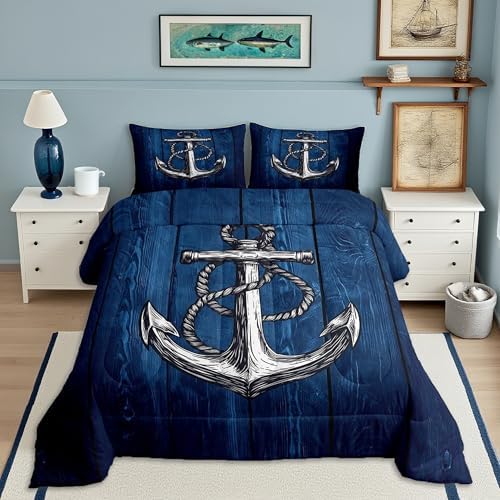 Anchor Nautical Comforter Set King,Rustic Farmhouse Style Bedding Set 3pcs for Kids Teen Adult Room Decor,Blue Wooden Board Down Comforter Vintage Maritime Adventure Duvet Insert with 2 Pillowcases