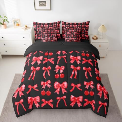 Red Cherry Bow Bed in a Bag King Size Comforter Set 7 Pieces, Cute Silk Ribbon Bowknot Bedding Sets Princess Bow Tie Comforter and Sheet Set, Dreamy Kawaii Room Decor,Girly Red and Black Room Decor